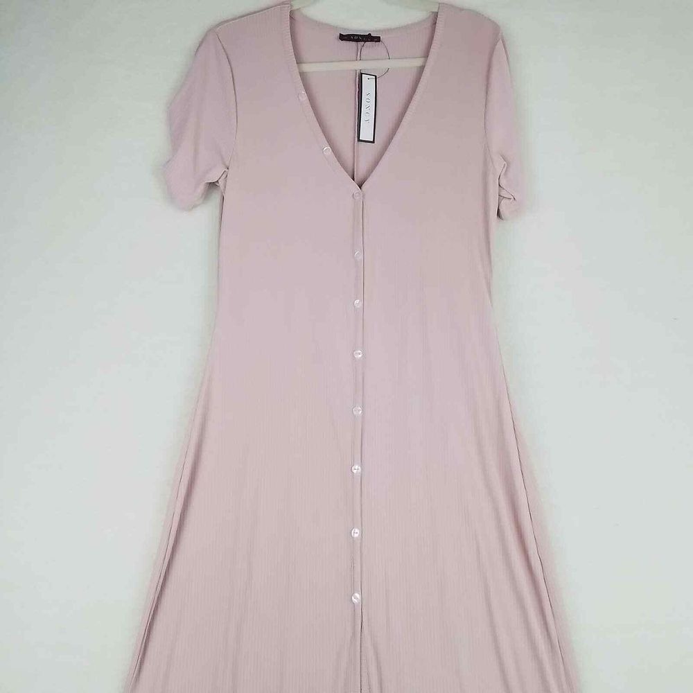 Soncy Maxi Dress Size‎ 10 Pink Ribbed Button Front Short Sleeve Split Hem V Neck